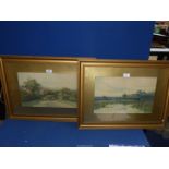 Two framed and mounted unsigned Lithographs of country landscapes, 25'' x 18 3/4''.