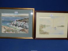 An indistinctly signed watercolour of a coastal landscape and a watercolour of a lake signed Mo