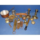 A small quantity of brass including a pair of candlesticks, spring balances, pair of inkwells,