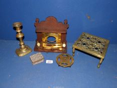 A small quantity of brass including candlestick with pusher,
