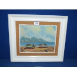 A white wood framed oil on boards of a continental seascape with two boats anchored on the beach,