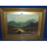 A framed and mounted oil painting of a river landscape with rolling hills in the distance,