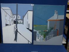 Two oils on canvas depicting street scenes by artist Don Brown.