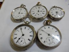 Five silver cased pocket watches,