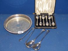 A small quantity of plated items including cased set of grapefruit spoons, galleried salver,