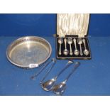 A small quantity of plated items including cased set of grapefruit spoons, galleried salver,