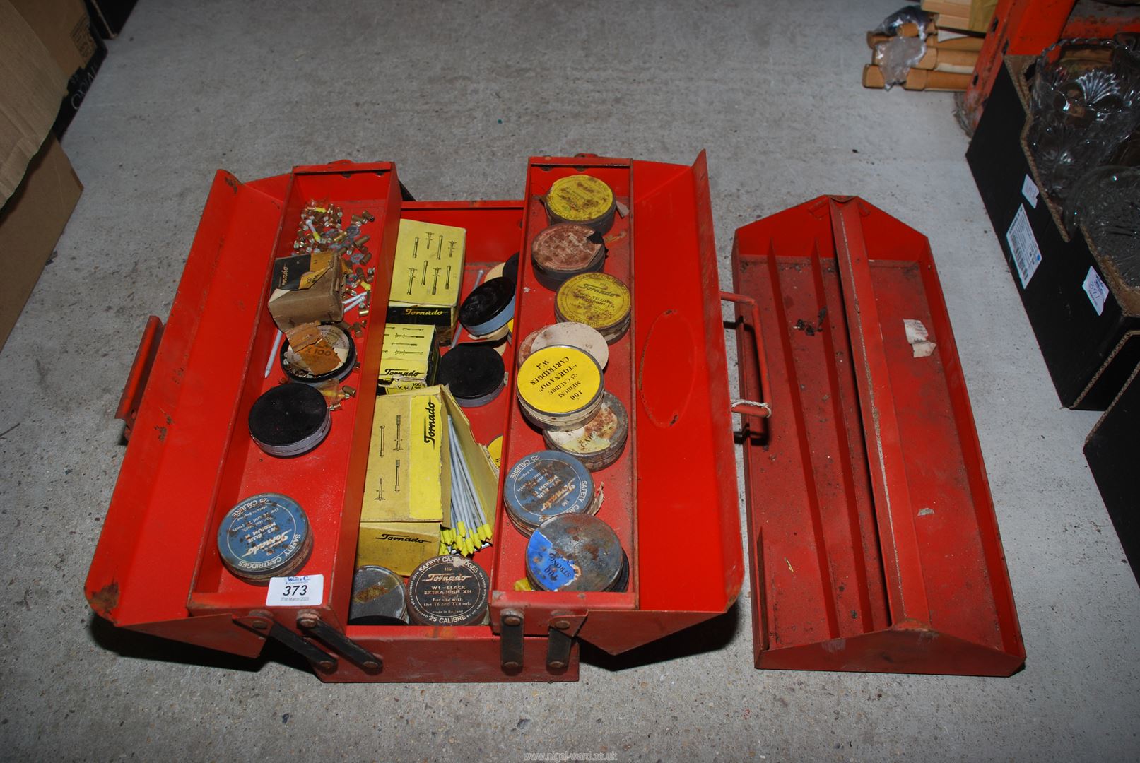 Cantilever toolbox and contents of shots for nail gun 100 medium 25 calibre Tornado cartridges.