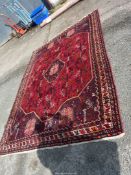 A large dark navy, red, beige wool bordered, patterned and fringed Rug, 9' 10" x 6' 10".