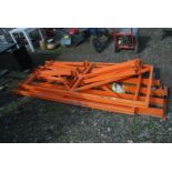 Quantity of orange pallet racking with four uprights, 90'' high, shelving 9' long.