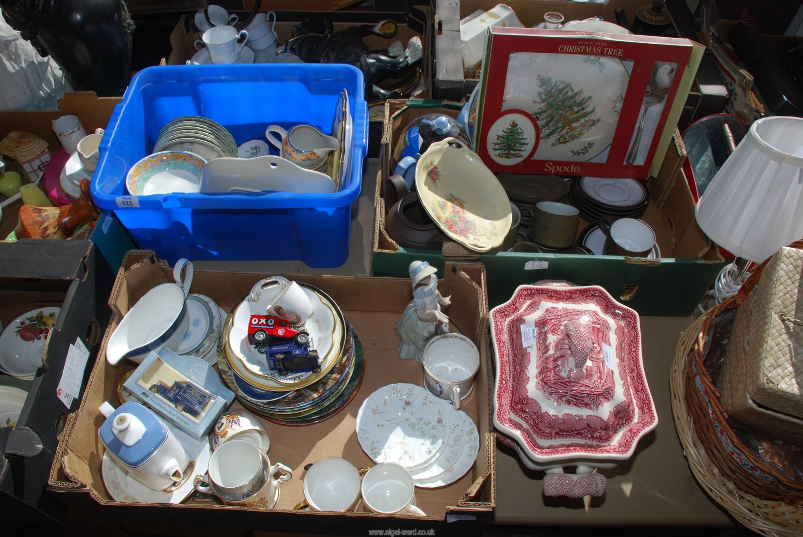 Three tub/boxes of mixed china incl. serving dish, Royal Doulton Oxo car, wall plates, teapot etc.