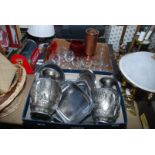 Two boxes of vases, stainless steel serving dishes, glasses etc.