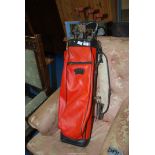 Golf bag with 11 irons and woods.