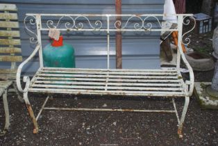 Wrought iron garden bench, white painted, 54'' long x 34'' high.