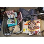 Dartboard (as new), seat covers, books incl. sports, Hairy Bikers, Slow cooker etc.