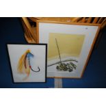 Photograph of a fishing fly hook and print of a fishing scene.