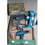 Box of Bosch electric sander, hot air gun, Kamasa 1/2'' drive socket set.