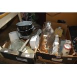 Two boxes of kitchenware, Partylite houses, solar lights, demi john etc.