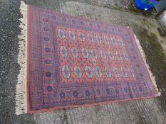 A terracotta and blue bordered, patterned and fringed Rug, 6' 6" x 4' 6 1/2".