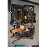 Three trays of miscellaneous tools, two old mirrors, Stilsons, hedge bill heads, shears, spanners,