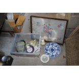 Box of miscellaneous china, embroidered tray and Sgraffito vase a/f.