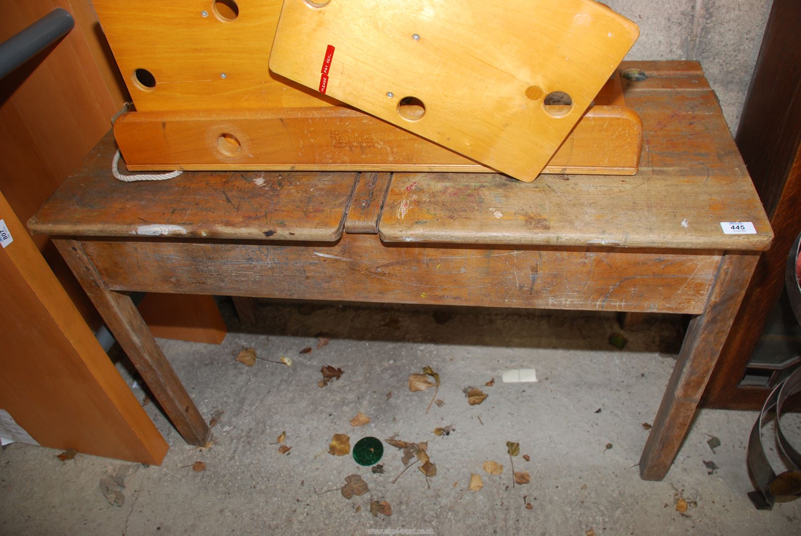 Child's double school desk with twin inkwells, 40'' wide x 18'' deep x 26 1/2'' high.