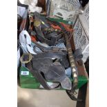 Box of heavy horse tack incl. bridle, head hear etc.