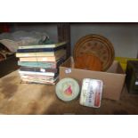Box of old tins, wall clocks and boxed LP's including Gilbert & Sullivan, Glenn Miller, Mario Lanza,