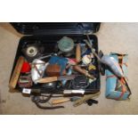 Case of miscellaneous including mincer, gauges, Allen keys, whistle and mitre gauge, small tools,