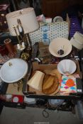 Two brass table lamps, other lamps, 45 rpm records, cutlery, serviette rings etc.