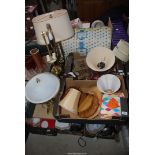 Two brass table lamps, other lamps, 45 rpm records, cutlery, serviette rings etc.