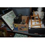 Table top easel, Hereford map print, case and Royal Doulton wooden tray etc.