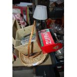 Wicker baskets, lamp and shade, Cola bottle carrier etc.