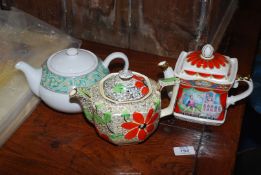 Three teapots incl. Sadler 'Romeo and Juliet' and Burslem made by Leighton Pottery.
