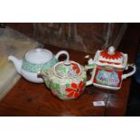 Three teapots incl. Sadler 'Romeo and Juliet' and Burslem made by Leighton Pottery.