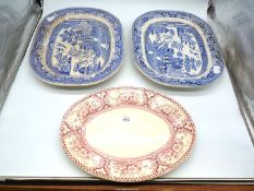 An oval pink patterned Plate and two Willow pattern meat Plates.