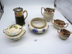 A Copeland Spode lidded tureen, pewter top jug, two Imari style jugs and a sugar bowl.