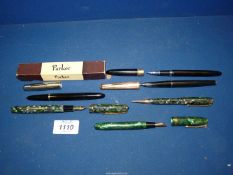 A small quantity of pens including a boxed Parker Quink pen plus one other, Burnham,