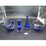 Three pieces of Scandinavian glass including bowl with curved wide handles in blue with clear edges,