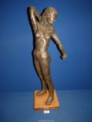 A large Nude figure of a Lady, metal having bronze effect and standing on wooden base, 28" tall.