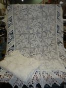 A pair of white cotton crocheted single bed covers, 76'' long x 52'' wide.