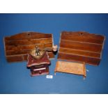 A 20th c pine Letter Rack with shaped back, 12'' long, another letter rack, 14'' long,