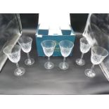 A box of six large Bohemia Crystal wine goblets, (two with chips).