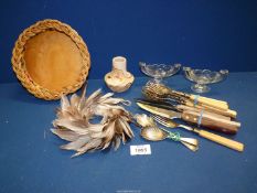 A pair of cut glass Salts and a box of mixed cutlery, also a wicker basket, feather etc.