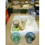 A quantity of glass including coloured etched glass tumblers,