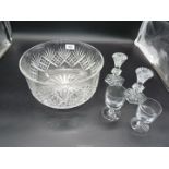 A very large and heavy fruit/punch bowl, pair of Waterford crystal candlesticks, etc.