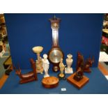 A quantity of Treen including bookends and Barometer/Thermometer plus composite figures, etc.