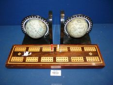 A Jaques of London Mahogany and Satinwood Cribbage Board on pill feet (pegs in well),