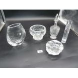 Five pieces of crystal glass including signed Stuart footed decanter with diamond cut pattern and