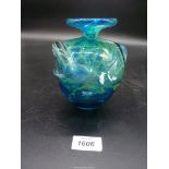 A Mdina blue and gold Vase with two handles and large rim, signed to base, 6" tall.