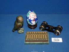 A small 19th c brass Abacus on green marble base with a pair of black enamel French opera glasses,